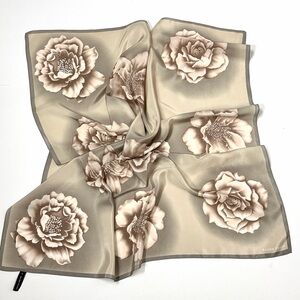 Ellen Tracy Silk Square Scarf Taupe with Floral Poppies Print Korea 34x34" Vtg